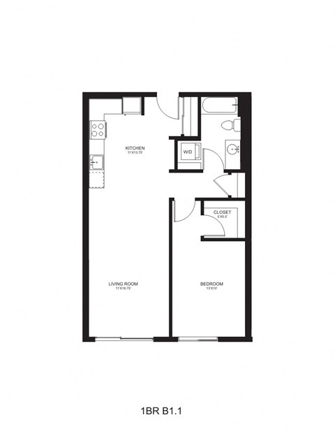 Floor plan for 1 bed, 1 bath, 736 sqft
